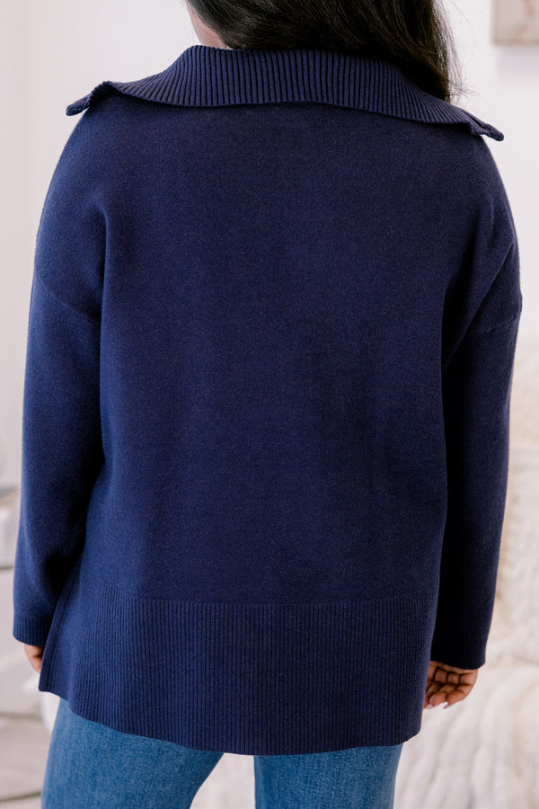 Chic Soul plus size clothing, dark blue long sleeve relaxed fit ¼ zip sweater with collar