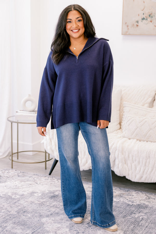 Chic Soul plus size clothing, dark blue long sleeve relaxed fit ¼ zip sweater with collar