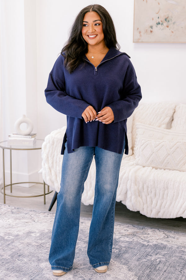 Chic Soul plus size clothing, dark blue long sleeve relaxed fit ¼ zip sweater with collar