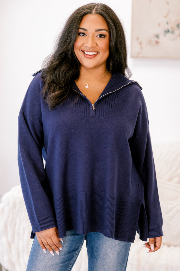 Chic Soul plus size clothing, dark blue long sleeve relaxed fit ¼ zip sweater with collar