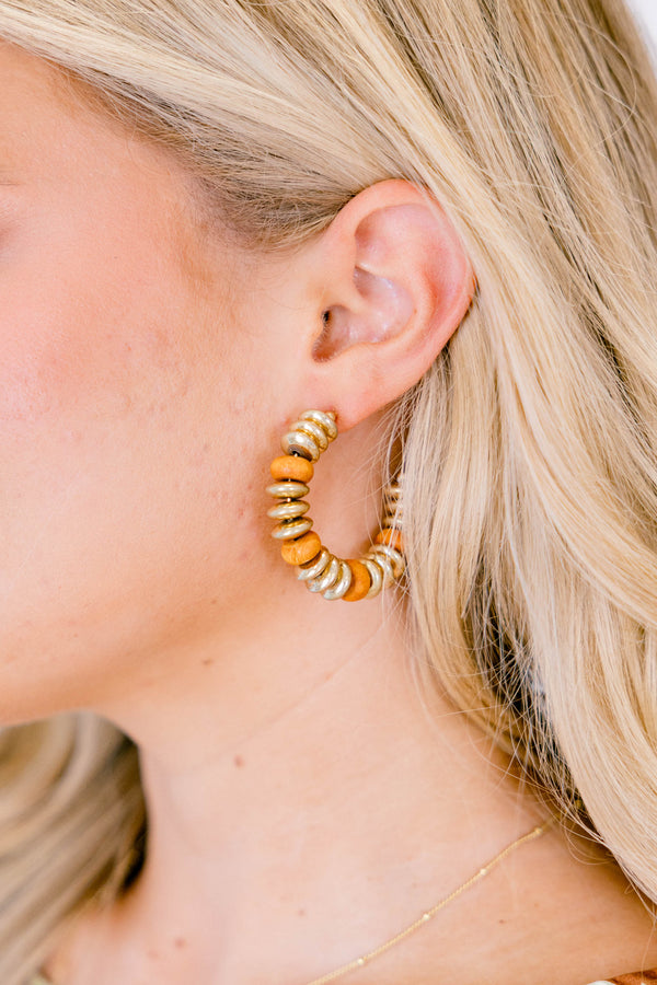 Chic Soul plus size clothing, gold and brown beaded open hoop earrings with post backs