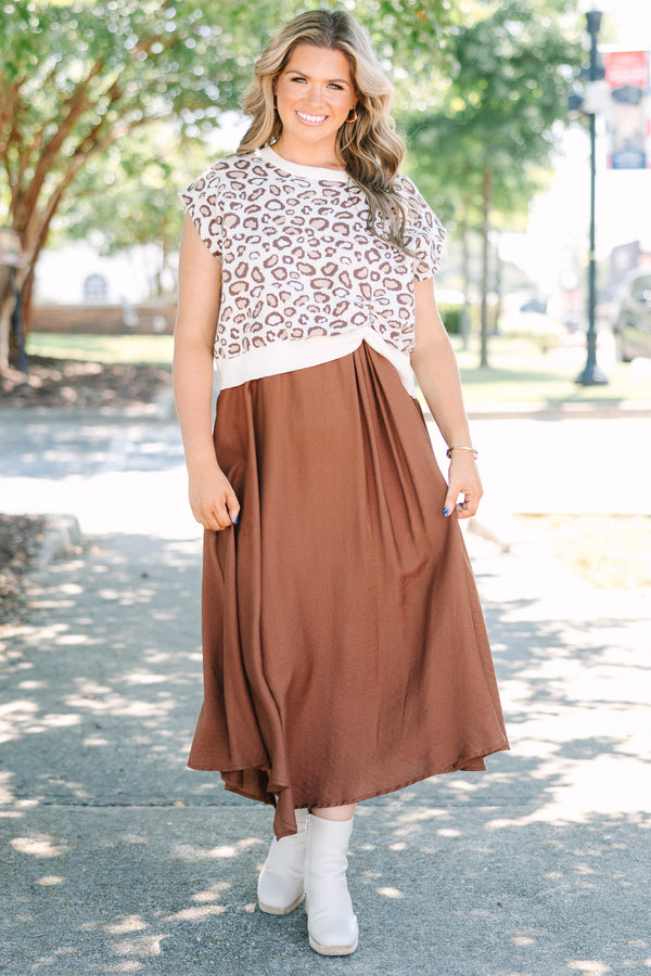 Plus Size brown midi dress with a leopard print short sleeve sweater overlay.