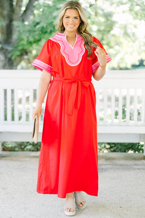 Plus Size red cotton midi dress with pink contrast trim, V-neckline, and adjustable waist belt.