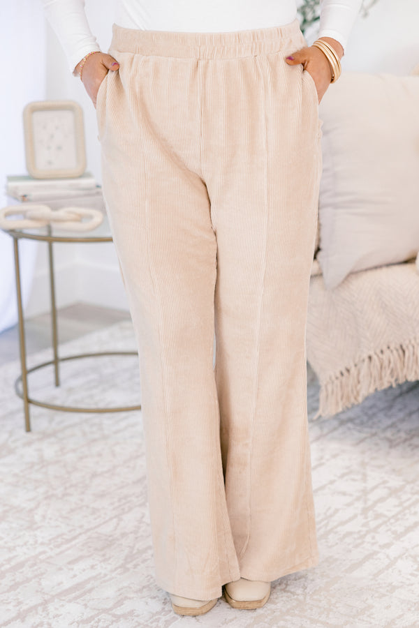 Chic Soul plus size clothing, beige wide leg pants with pockets and stretchy waistband