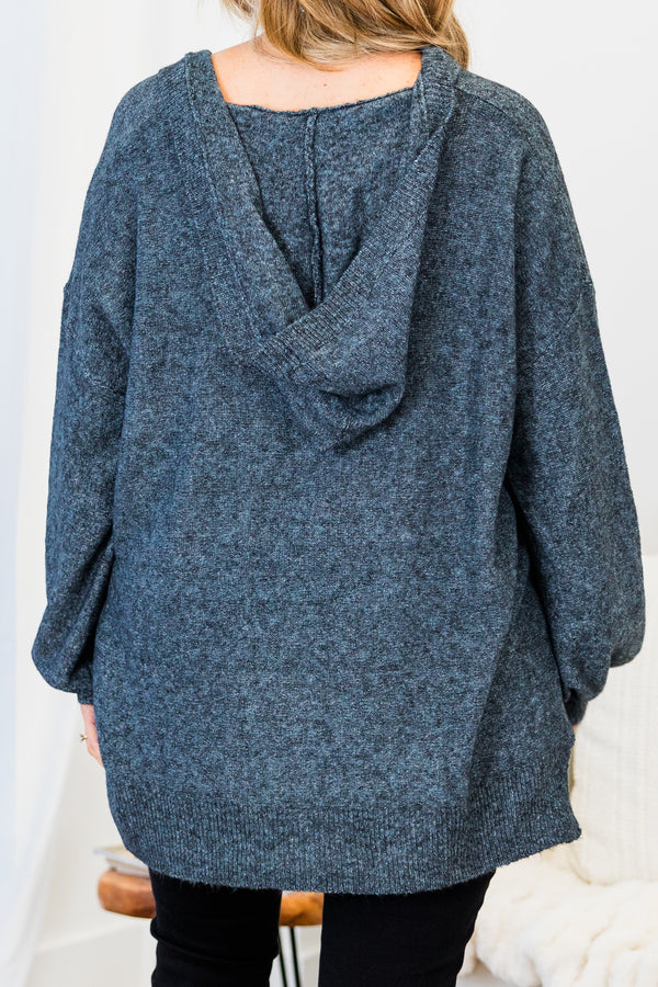 Chic Soul plus size clothing, long-sleeve cobalt grey sweater with hoodie and pockets 
