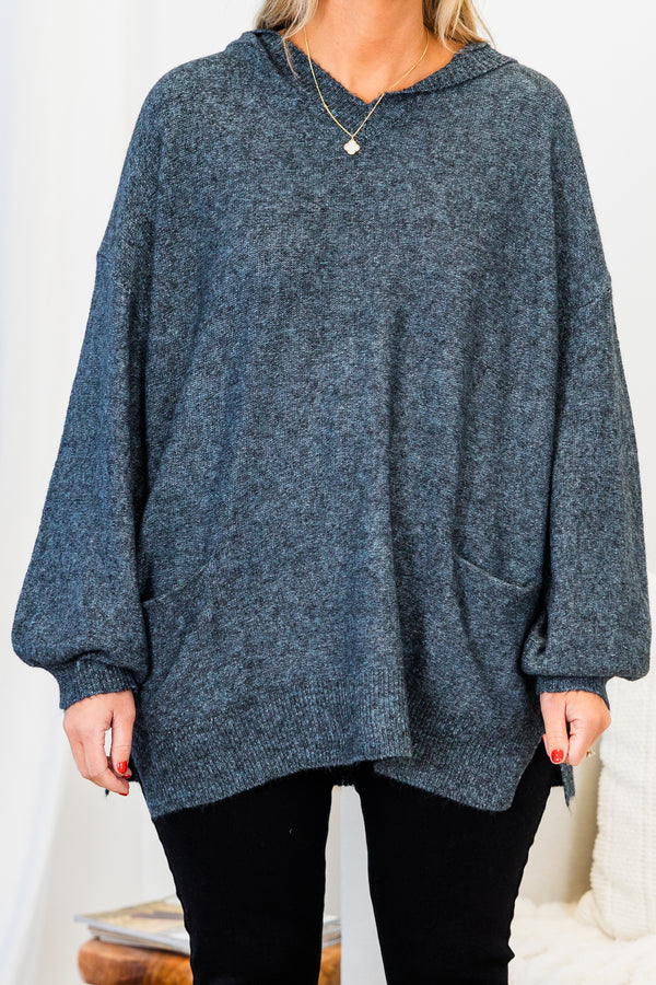 Chic Soul plus size clothing, long-sleeve cobalt grey sweater with hoodie and pockets 
