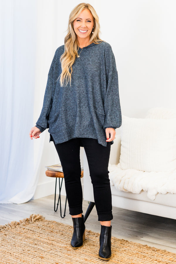 Chic Soul plus size clothing, long-sleeve cobalt grey sweater with hoodie and pockets 
