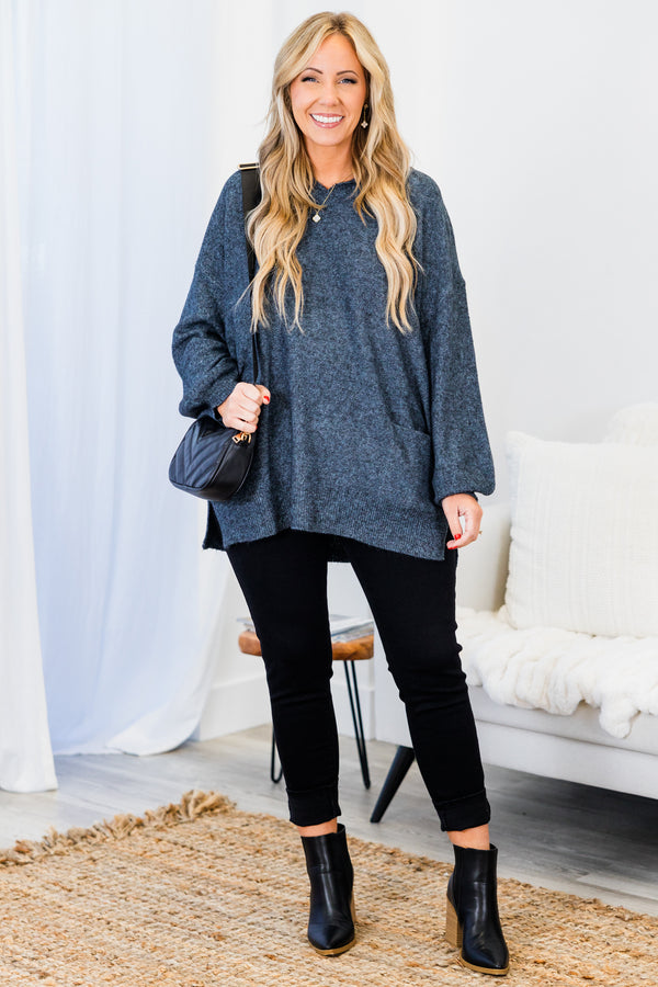 Chic Soul plus size clothing, long-sleeve cobalt grey sweater with hoodie and pockets 
