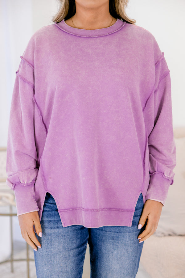 Chic Soul plus size clothing, bright violet purple long sleeve pullover with side slits