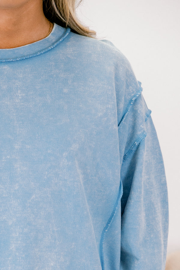 Chic soul plus size clothing, light blue crewneck pullover with reverse hem detailing 