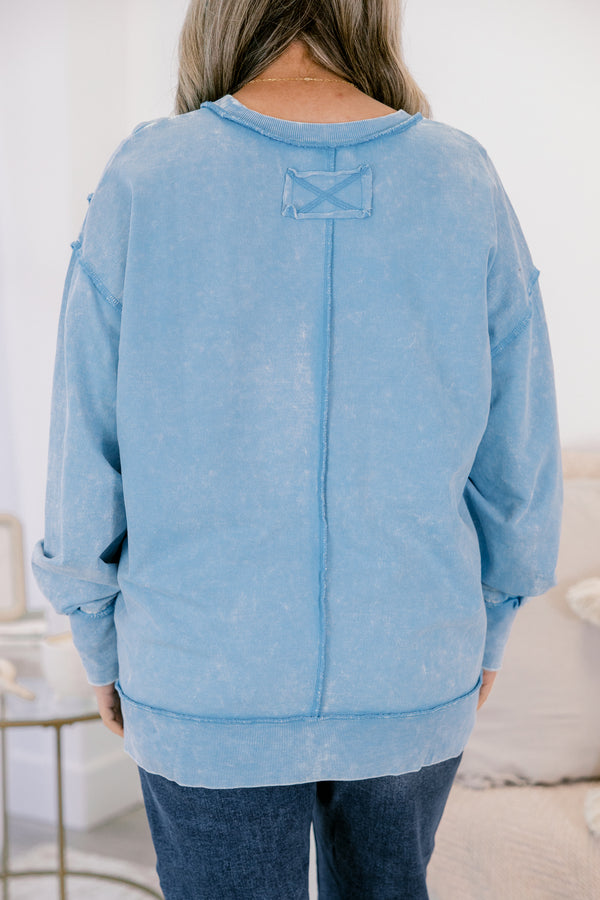 Chic soul plus size clothing, light blue crewneck pullover with reverse hem detailing 