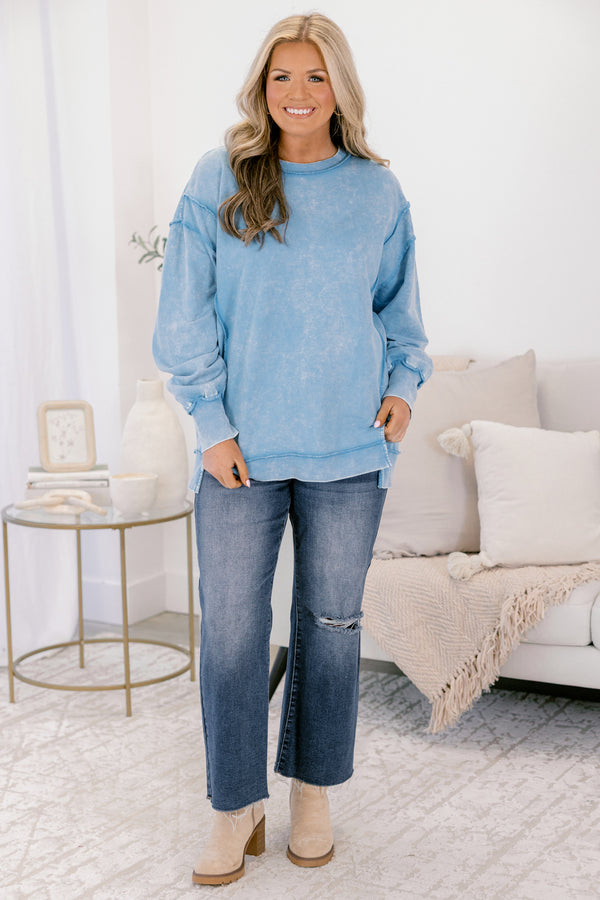 Chic soul plus size clothing, light blue crewneck pullover with reverse hem detailing 