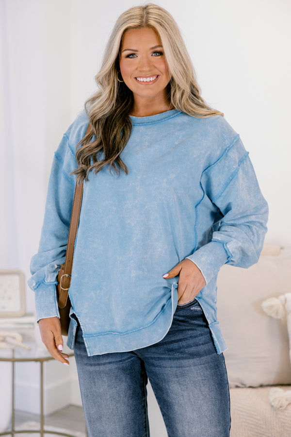Chic soul plus size clothing, light blue crewneck pullover with reverse hem detailing 