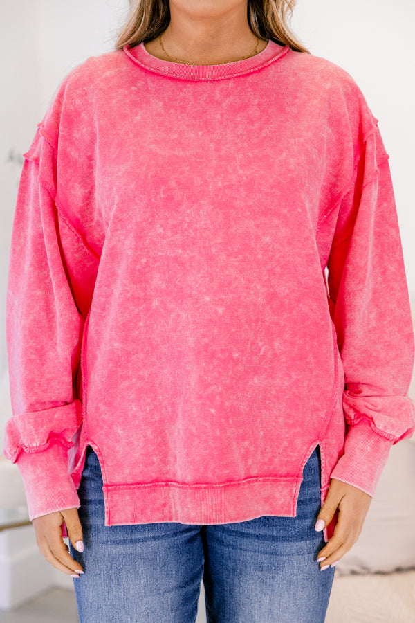 Chic soul plus size clothing, fuchsia crewneck pullover with reverse hem detailing 