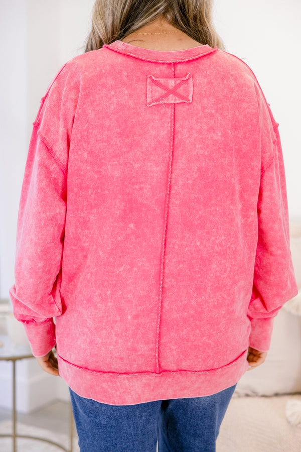 Chic soul plus size clothing, fuchsia crewneck pullover with reverse hem detailing 