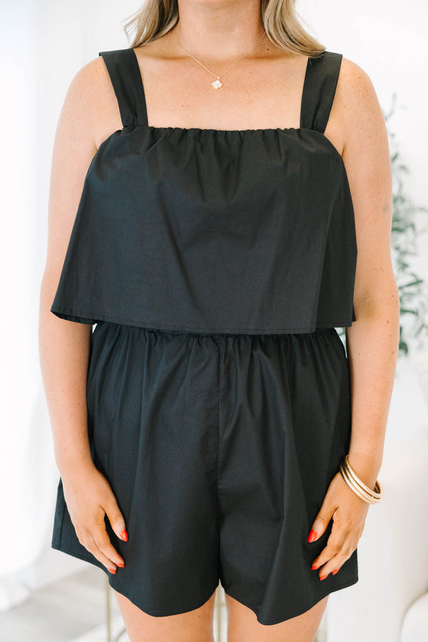 Chic Soul plus size clothing, black sleeveless romper with an overlay on the chest area as well as a square neckline 