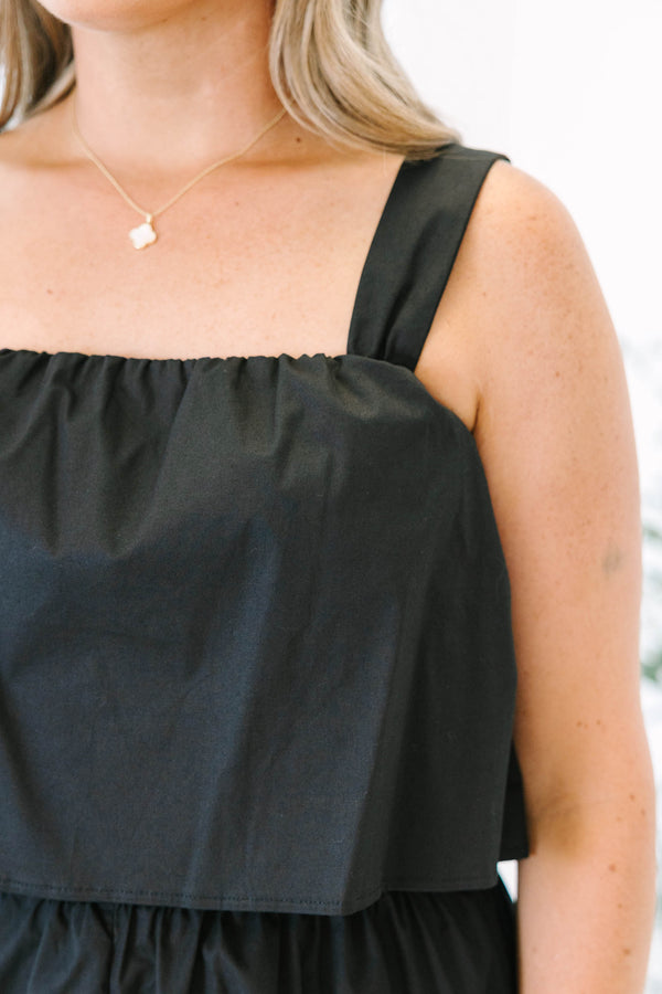 Chic Soul plus size clothing, black sleeveless romper with an overlay on the chest area as well as a square neckline 