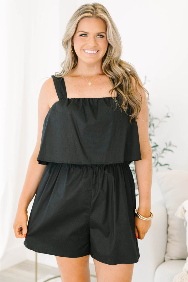 Chic Soul plus size clothing, black sleeveless romper with an overlay on the chest area as well as a square neckline 