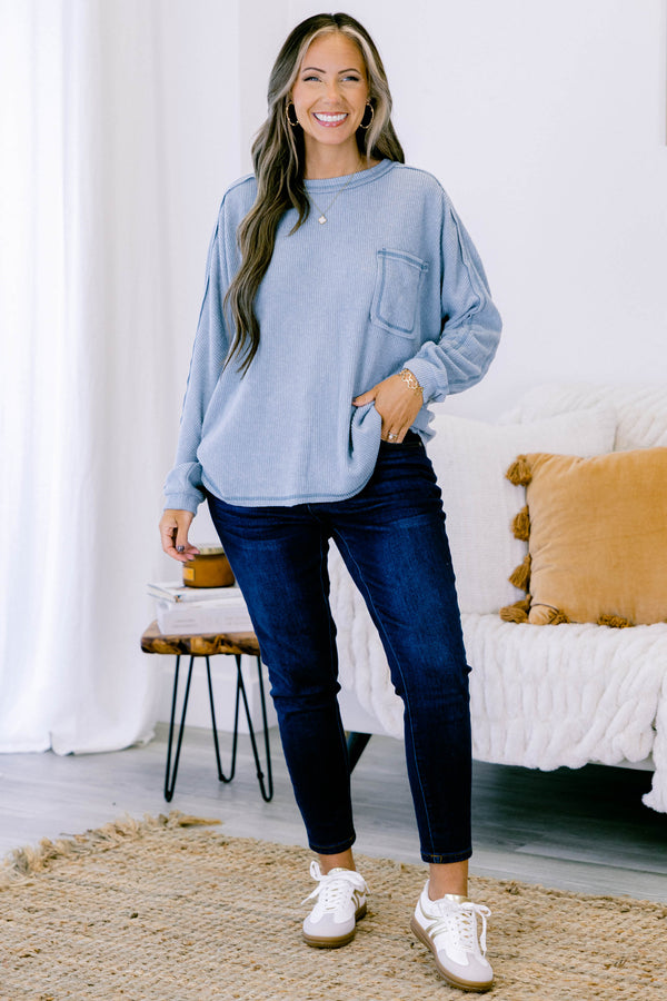 Chic Soul plus size clothing, long sleeve blue grey casual top