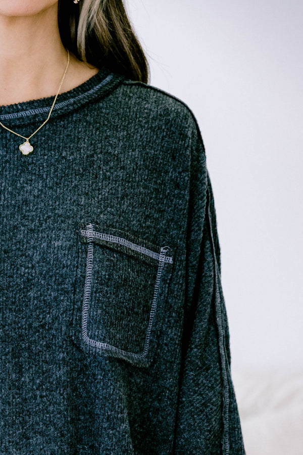 Chic Soul plus size clothing, heather black long sleeve crewneck sweater top with light gray stitch details