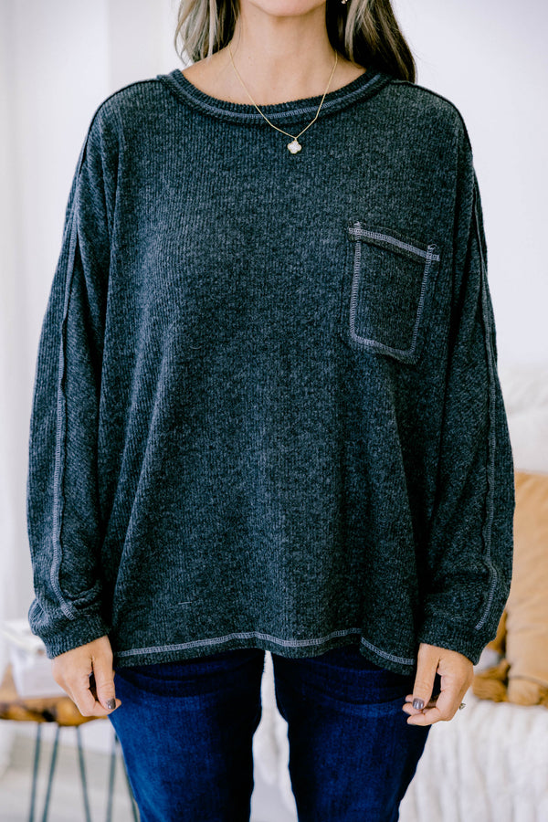 Chic Soul plus size clothing, heather black long sleeve crewneck sweater top with light gray stitch details
