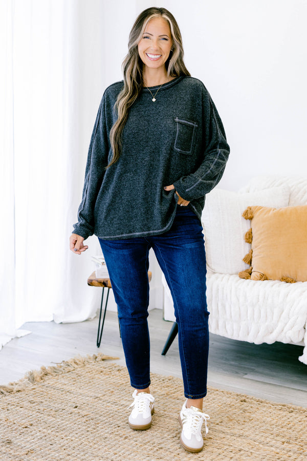 Chic Soul plus size clothing, heather black long sleeve crewneck sweater top with light gray stitch details