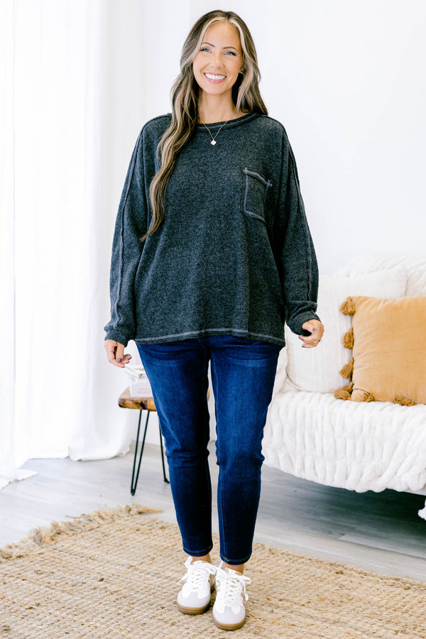 Chic Soul plus size clothing, heather black long sleeve crewneck sweater top with light gray stitch details