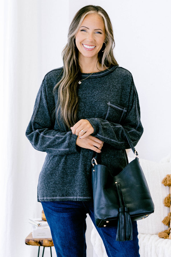 Chic Soul plus size clothing, heather black long sleeve crewneck sweater top with light gray stitch details