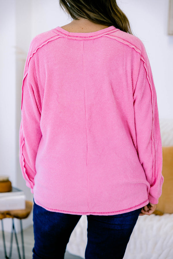 Chic Soul Plus size clothing, candy pink long sleeve casual top with a ribbed pattern a front pockets and pink stitching on the sleeves pocket and bottom of the shirt 
