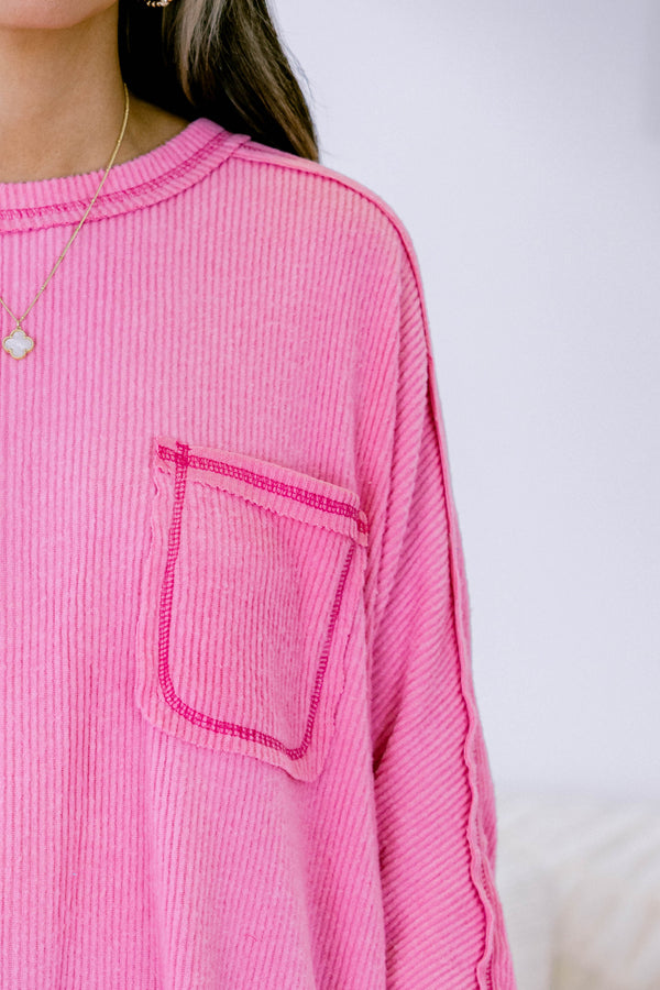 Chic Soul Plus size clothing, candy pink long sleeve casual top with a ribbed pattern a front pockets and pink stitching on the sleeves pocket and bottom of the shirt 