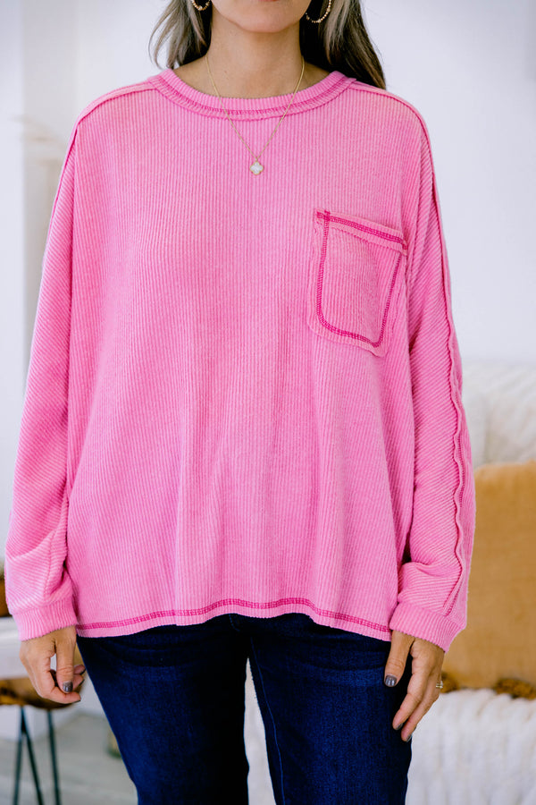 Chic Soul Plus size clothing, candy pink long sleeve casual top with a ribbed pattern a front pockets and pink stitching on the sleeves pocket and bottom of the shirt 