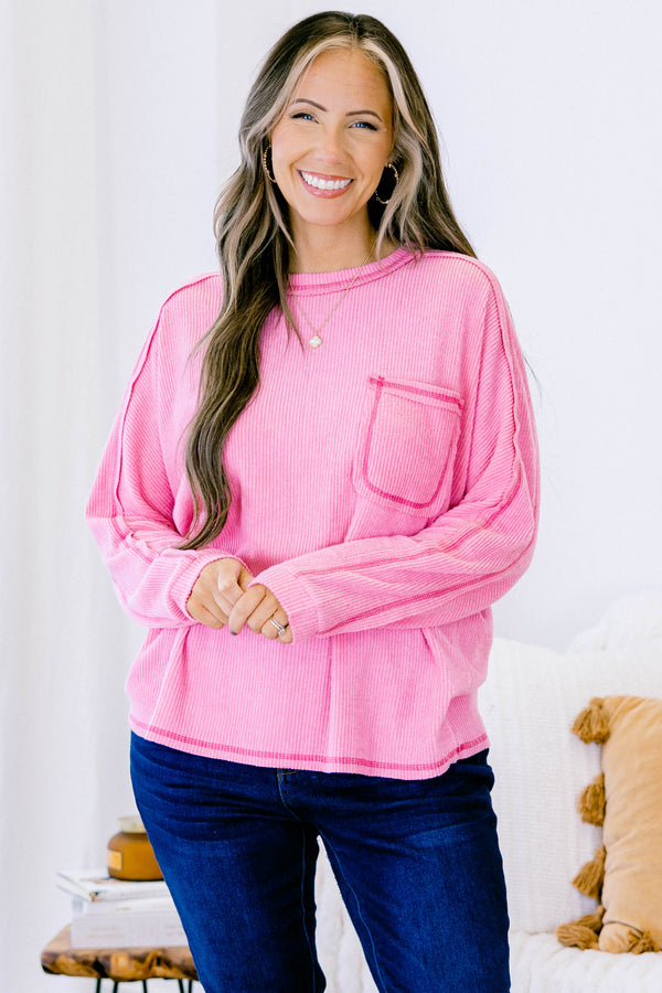 Chic Soul Plus size clothing, candy pink long sleeve casual top with a ribbed pattern a front pockets and pink stitching on the sleeves pocket and bottom of the shirt 