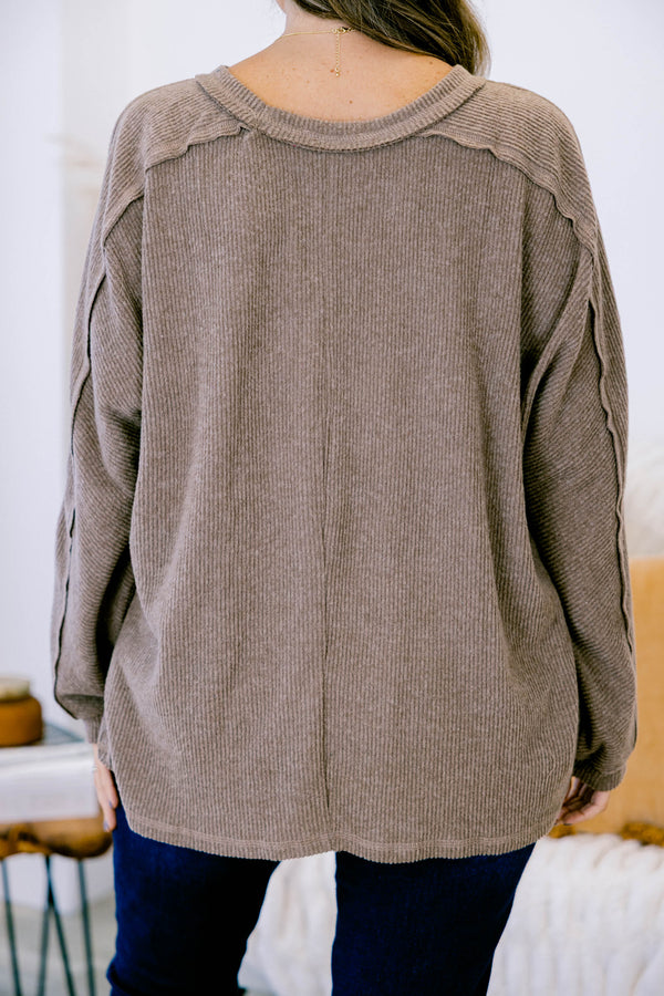 Chic Soul plus size clothing, mocha long sleeve crewneck ribbed sweater top with a front pocket
