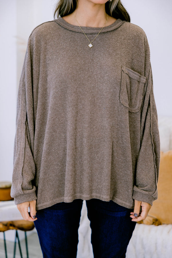 Chic Soul plus size clothing, mocha long sleeve crewneck ribbed sweater top with a front pocket
