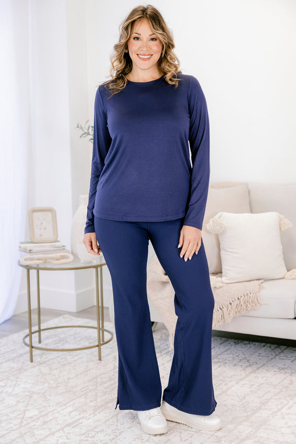 Chic Soul plus size clothing, navy wide leg leggings with side slit at the bottom and stretchy waistband
