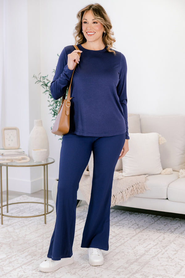 Chic Soul plus size clothing, navy wide leg leggings with side slit at the bottom and stretchy waistband