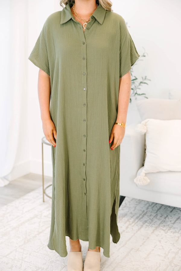 Plus Size olive green maxi shirt dress with short sleeves, a button-down front, and a collar.