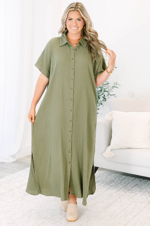 Plus Size olive green maxi shirt dress with short sleeves, a button-down front, and a collar.