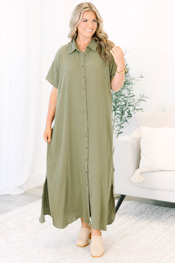 Plus Size olive green maxi shirt dress with short sleeves, a button-down front, and a collar.