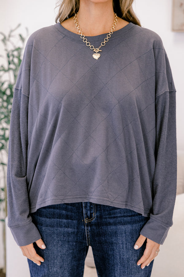 Chic Soul plus size clothing, charcoal grey long sleeve crewneck top with diamond pattern