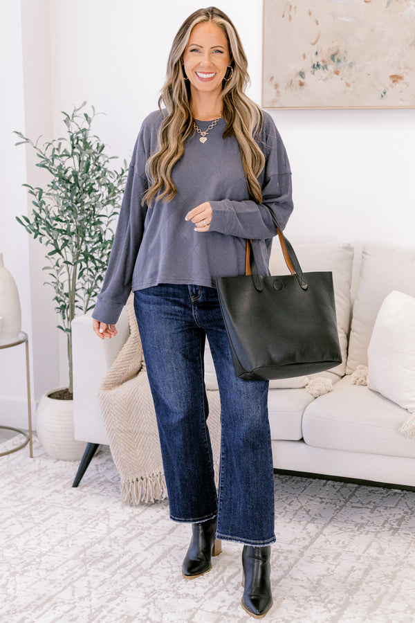 Chic Soul plus size clothing, charcoal grey long sleeve crewneck top with diamond pattern