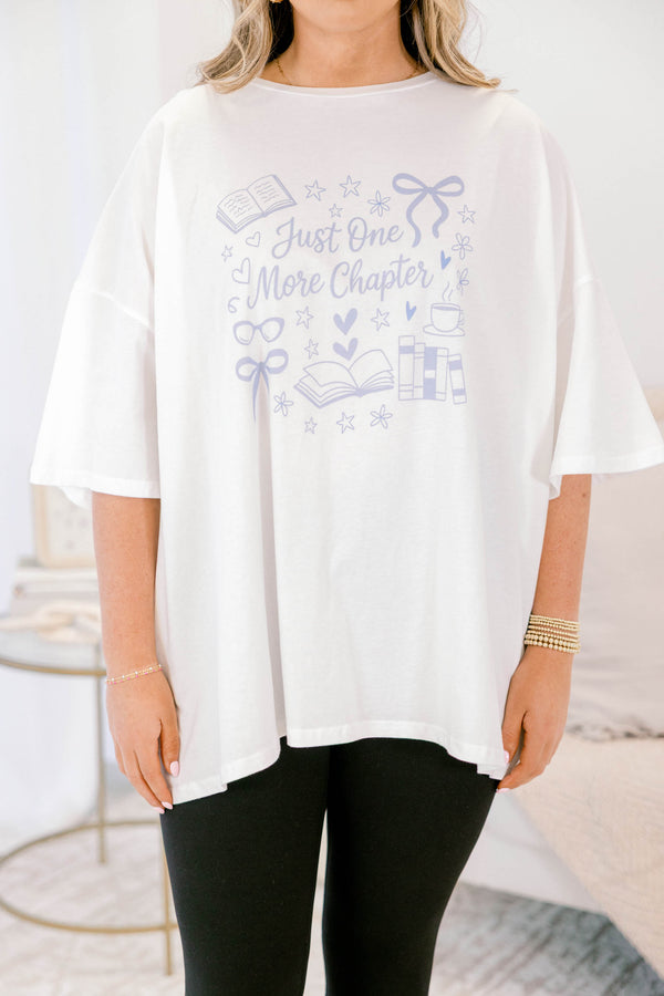 Chic Soul plus size clothing, oversized white boyfriend tee with “Just One More Chapter” written in light blue block font across the chest with book graphics