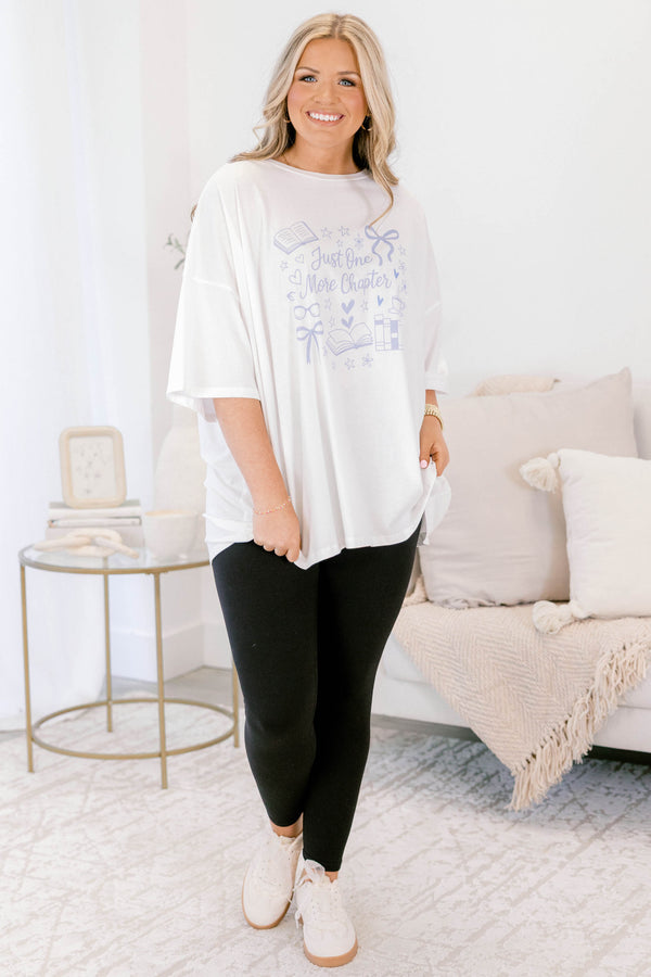 Chic Soul plus size clothing, oversized white boyfriend tee with “Just One More Chapter” written in light blue block font across the chest with book graphics