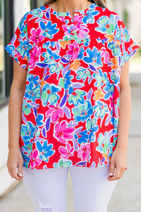 Chic Soul plus size clothing, short sleeve coral top with multi floral design with cuff sleeves with v cutout along neckline