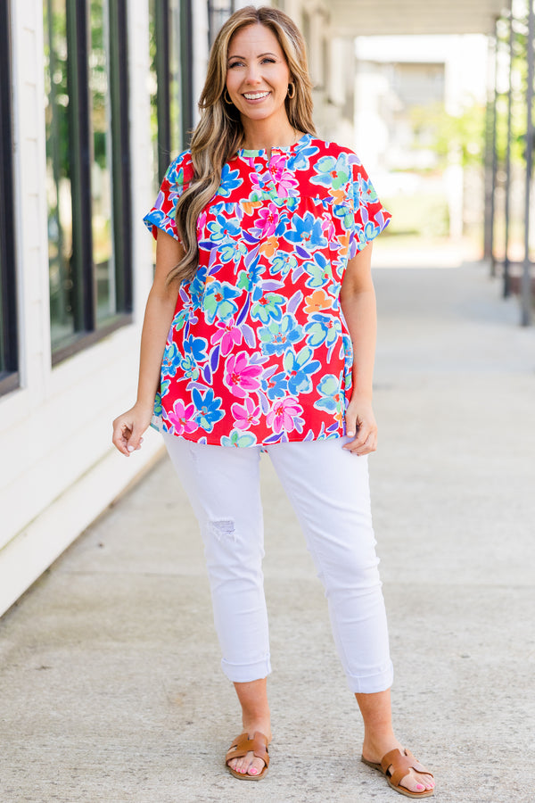 Chic Soul plus size clothing, short sleeve coral top with multi floral design with cuff sleeves with v cutout along neckline