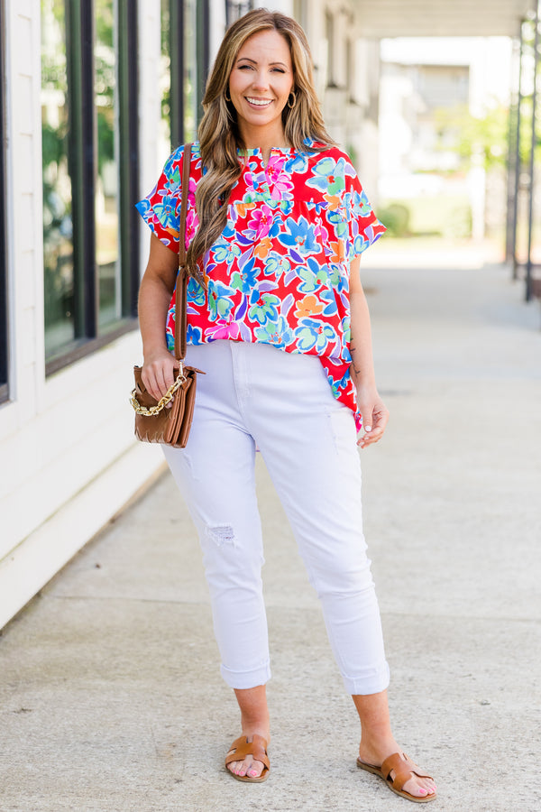 Chic Soul plus size clothing, short sleeve coral top with multi floral design with cuff sleeves with v cutout along neckline