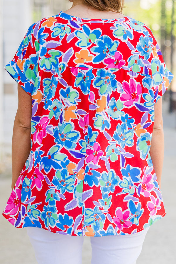 Chic Soul plus size clothing, short sleeve coral top with multi floral design with cuff sleeves with v cutout along neckline