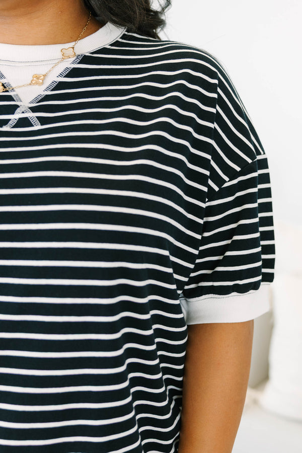 Plus Size black and white striped short-sleeve top with contrast ribbed crew neck and hem.