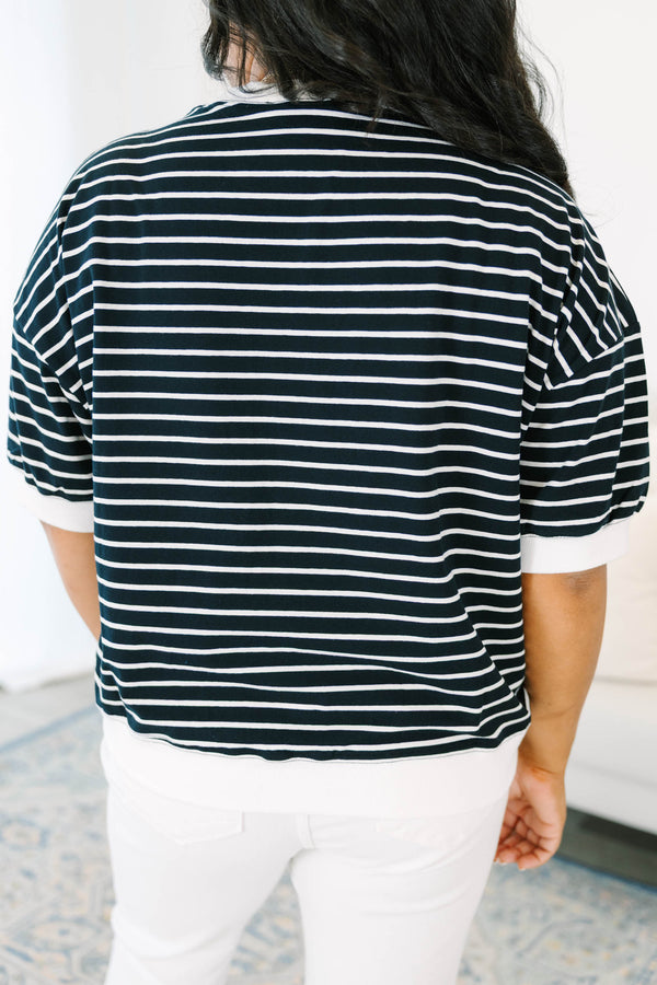 Plus Size black and white striped short-sleeve top with contrast ribbed crew neck and hem.