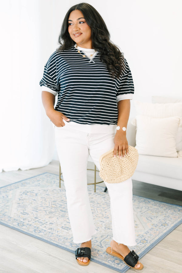 Plus Size black and white striped short-sleeve top with contrast ribbed crew neck and hem.